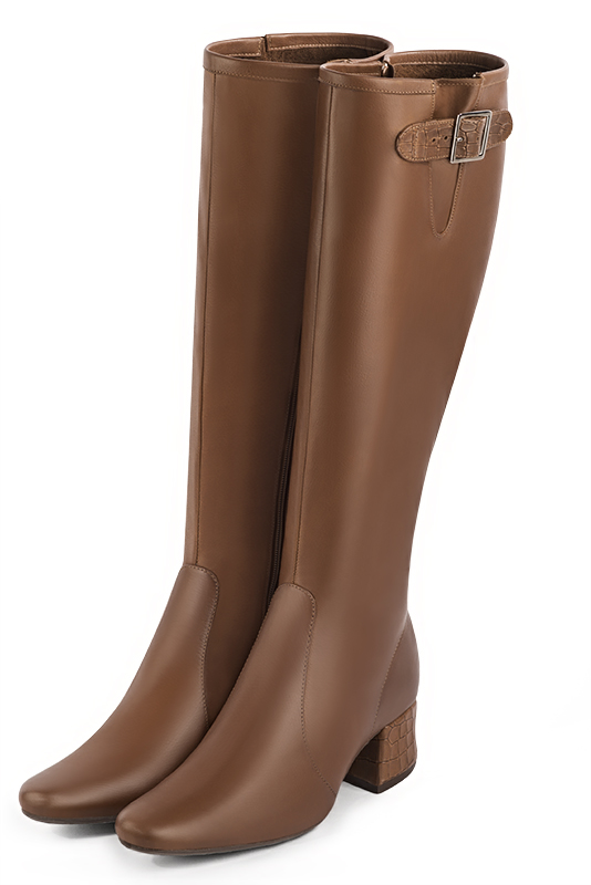 Caramel brown women's knee-high boots with buckles. Round toe. Low flare heels. Made to measure. Front view - Florence KOOIJMAN